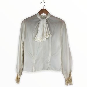 80’s Vintage Sheer Cream Lace Cuff Button Back Top